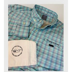 Vineyard Vines Shirt Mens Medium S Blue Plaid Textured Harbor Vented Fishing
